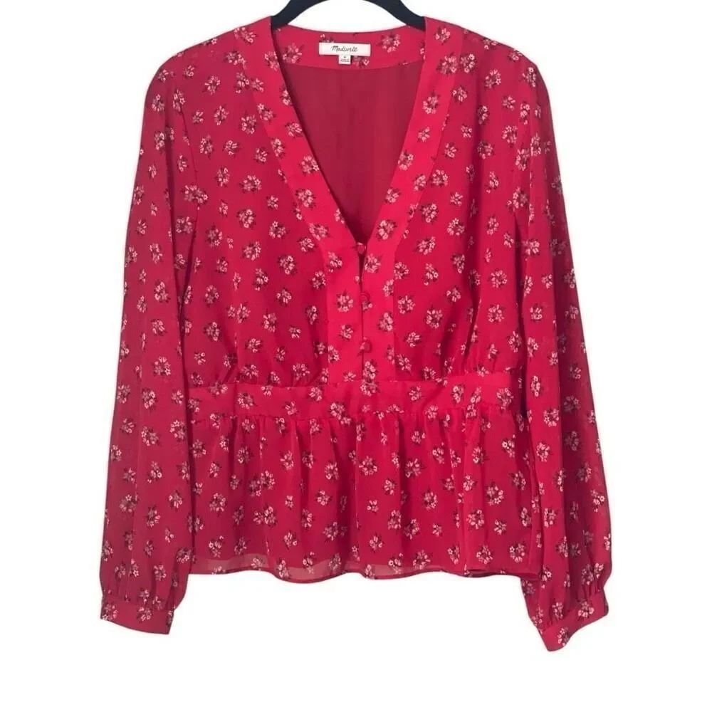 Madewell V-Neck Peplum Top Sz Medium Red Little Lilies Print Long Sleeve Peplum